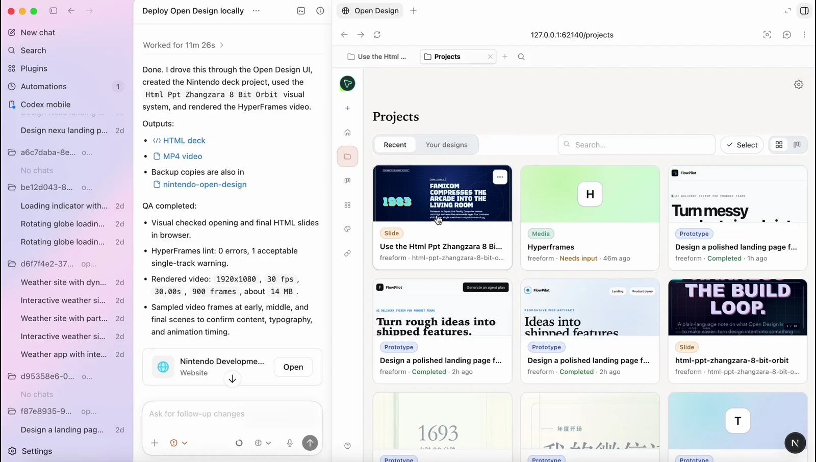 The OpenDesign Projects gallery showing multiple real generated artifacts, slide decks, landing pages, and a rendered video.