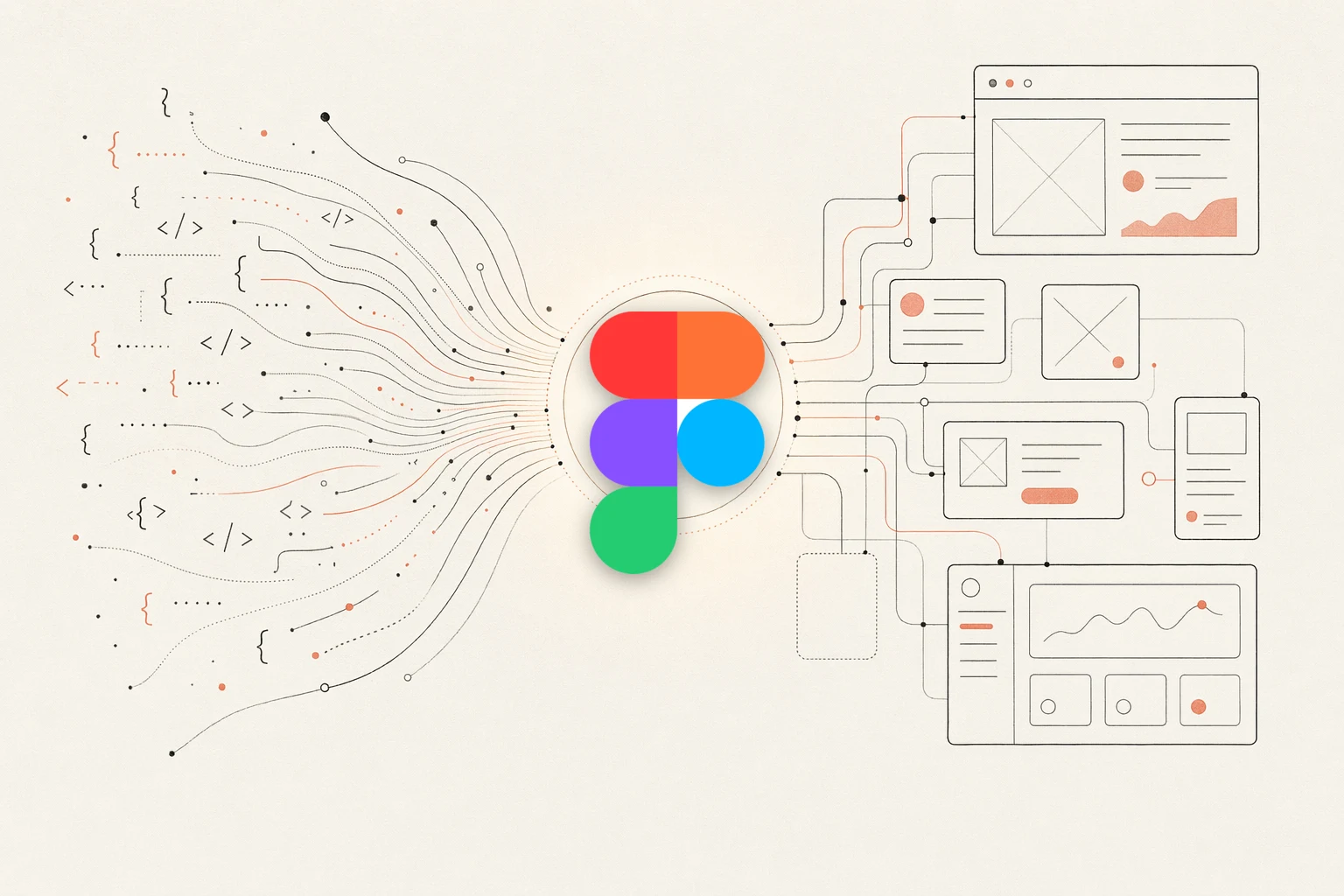 OpenDesign vs Figma — warm-paper editorial illustration of code converging into a design hub