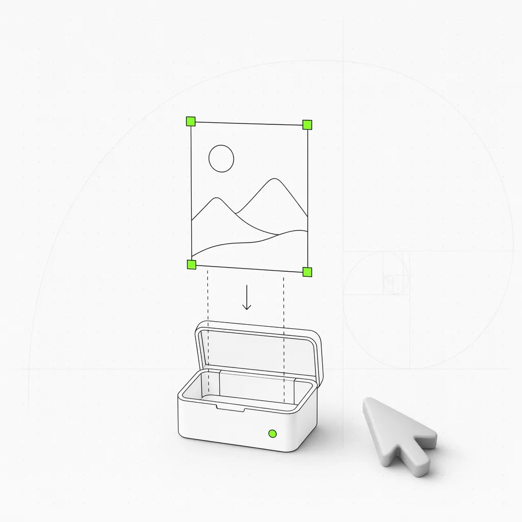 Um frame de design sendo extraído de um canvas e largado dentro de uma caixa de módulo portátil, selecionado em uma moldura verde sobre um fundo editorial quase branco