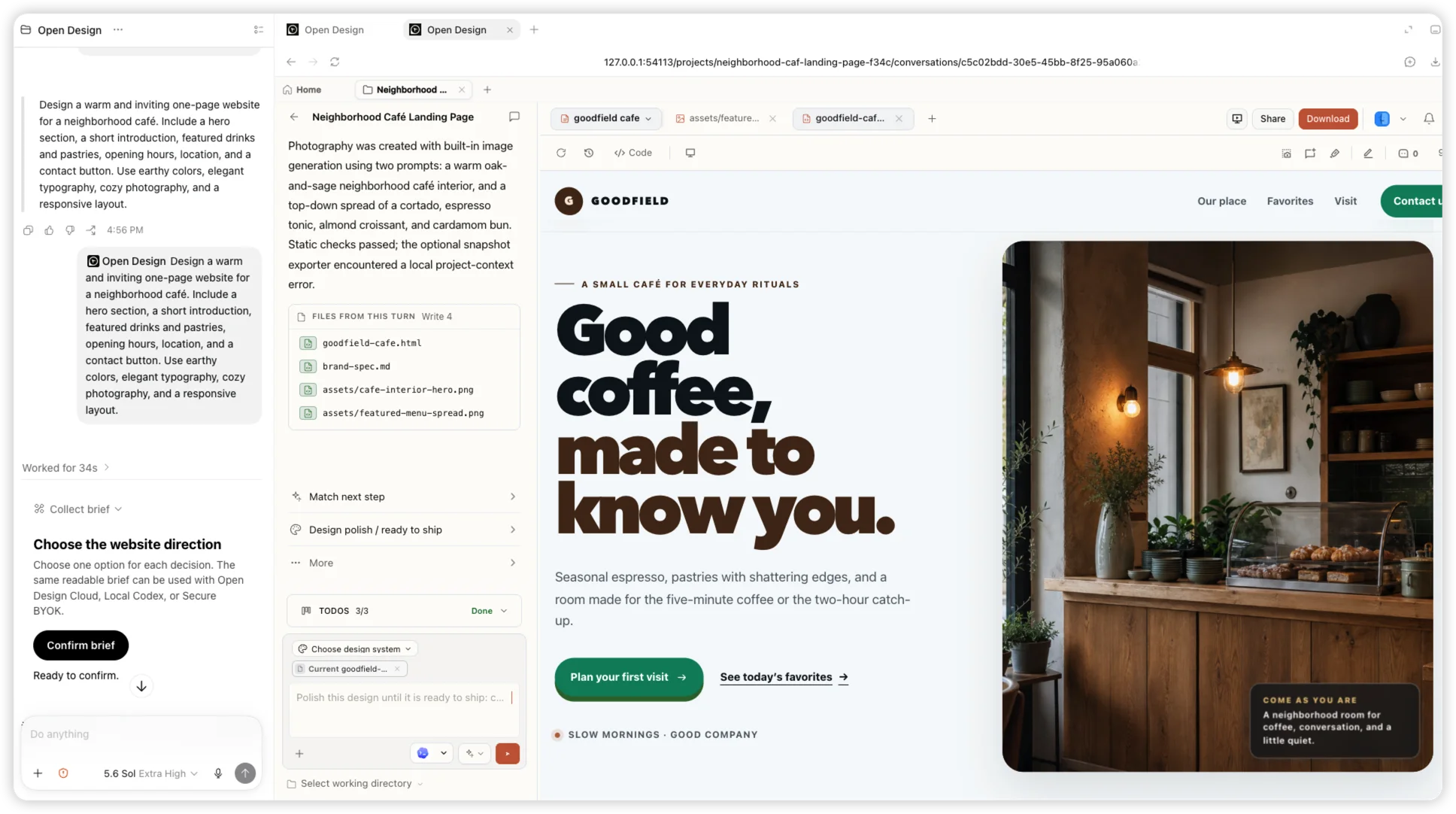 Реальная задача в Codex с плагином OpenDesign и готовым сайтом кафе Goodfield