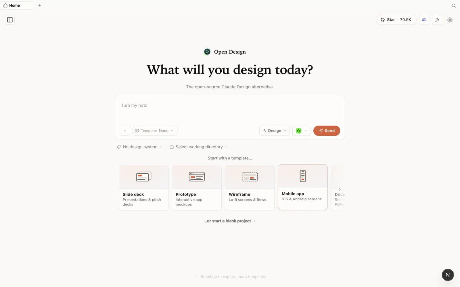 OpenDesign çalışma alanı — kurulumdan sonra karşılaştığınız ekran.
